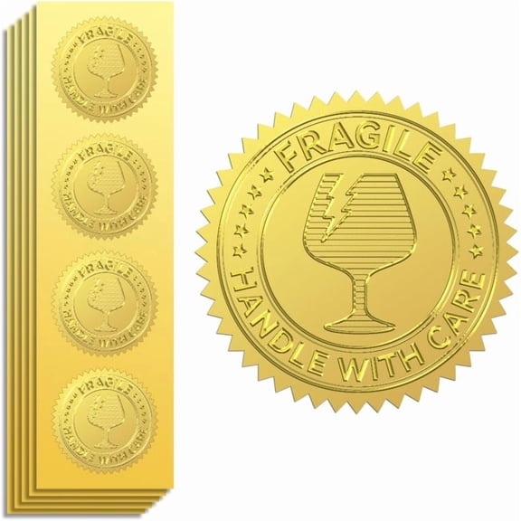 Gold Foil Stickers Seals Embossed Fragile 2 Inch 100Pcs Self Adhesive Gold Around Embossing Sticker