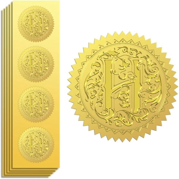 Gold Foil Stickers Seals Embossed Letter H 2 Inch 100Pcs Self Adhesive Gold Around Embossing Stickers for Envelope Seals Gift Decor Certificate Paper Birthday Party Invitation