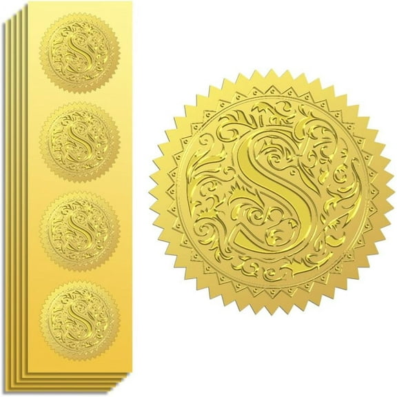 Gold Foil Stickers Seals Embossed Letter S 2 Inch 100Pcs Self Adhesive Gold Around Embossing Stickers for Envelope Seals Certificate Paper Birthday Party Invitation Gift Decor