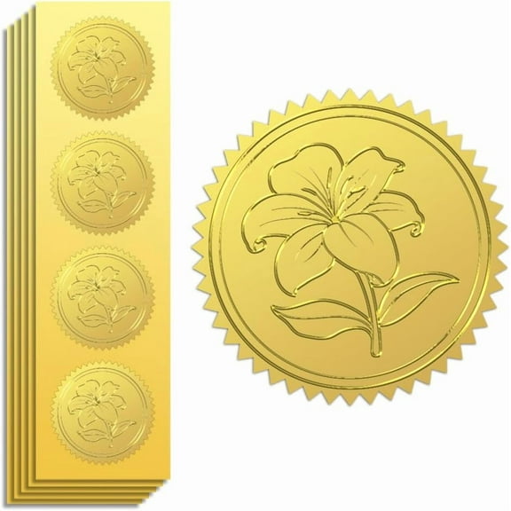 Gold Foil Stickers Seals Embossed Lily 2 Inch 100Pcs Self Adhesive Gold Around Embossing Medal Sticker