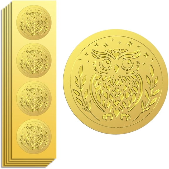 Gold Foil Stickers Seals Embossed Owl 2 Inch 100Pcs Self Adhesive Gold Around Embossing Sticker for Envelope Seal Party Invitation Gift Card Present Decoration Certificate Paper