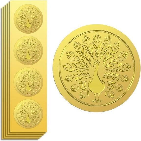 Gold Foil Stickers Seals Embossed Peacock 2 Inch 100Pcs Self Adhesive Gold Around Embossing Sticker
