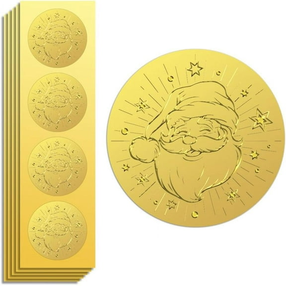 Gold Foil Stickers Seals Embossed Santa Claus 2 Inch 100Pcs for Christmas Gift Present Card Decor Envelop Seals Family Party Invitation Self Adhesive Gold Around Embossing Stickers