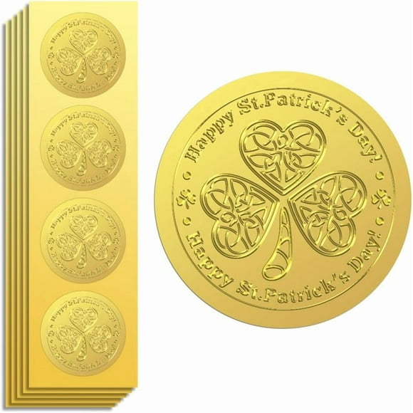 Gold Foil Stickers Seals Embossed St.Patrick's Day and Clover 2 Inch 100Pcs for Gift Present Card Decor Envelop Seals Family Party Invitation Self Adhesive Gold Around Embossing Stickers Gold