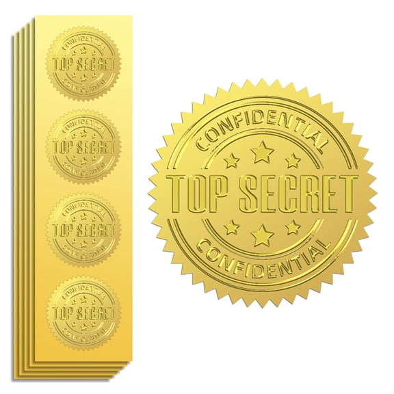 Gold Foil Stickers Seals Embossed Top Secret and Confidential 2 Inch 100Pcs Self Adhesive Gold Around Embossing Medal Sticker