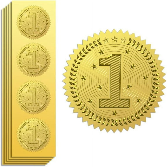 Gold Foil Stickers Seals Official Embossed 2 Inch 100Pcs Number 1 Self Adhesive Gold Around Embossing Medal Stickers for Certificate Paper Student Reward Awards Envelope Seals