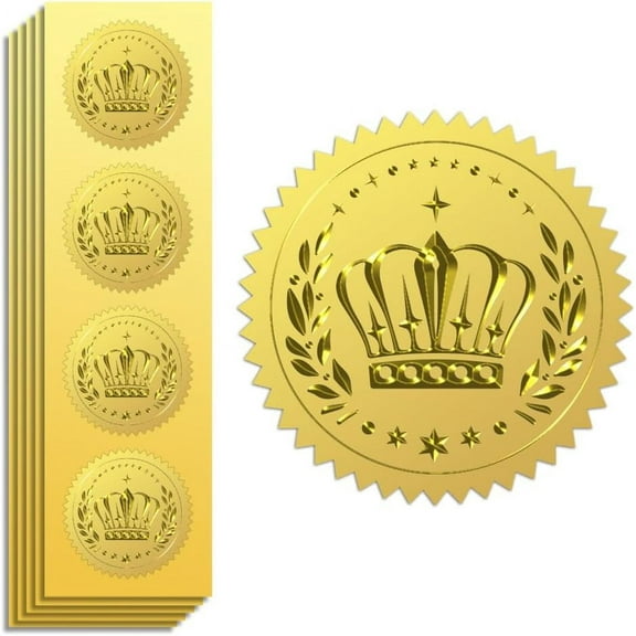 Gold Foil Stickers Seals Official Embossed Crowns 2 Inch 100Pcs Self Adhesive Gold Around Embossing Medal Stickers for Certificate Paper Student Reward Awards Envelope Seals for DIY