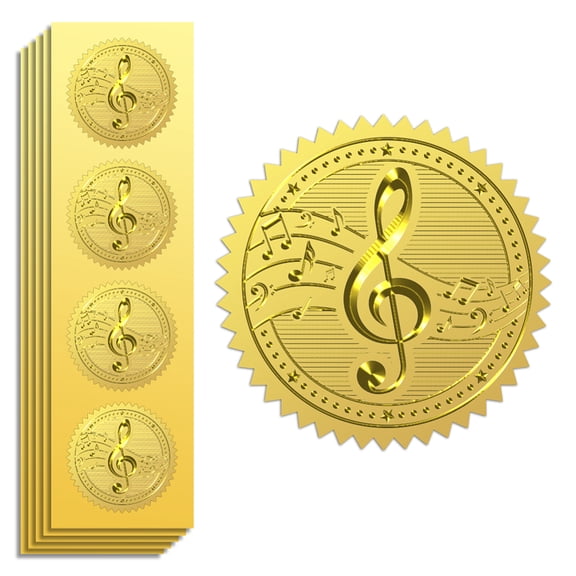 Gold Foil Stickers Seals Official Embossed Musical Note 2 Inch 100Pcs Self Adhesive Gold Around Embossing Stickers Concert VIP Invitation