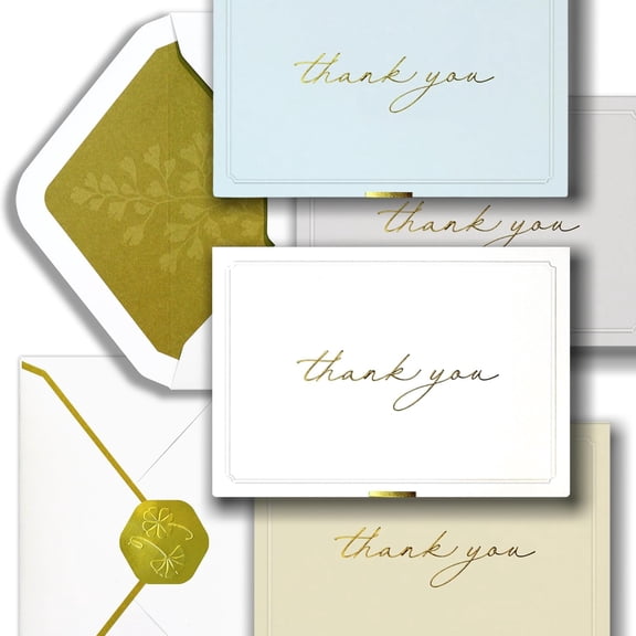 Gold Foil Thank You Cards with Envelopes Bulk, 32-Pack Embossed Blank Thank You Notes in 4 Colors w/Gold Seal Stickers - Minimalist Designs for Baby Shower, Wedding, Small Business, Graduation