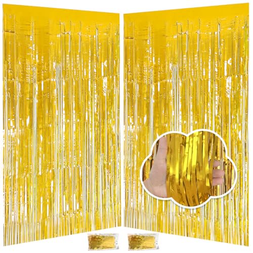 Gold Foil Tinsel Curtains 2 Pack - 3.3x8.2ft Fringe Backdrop for Party Decor, Metallic Wedding Background, Photo Booth Props