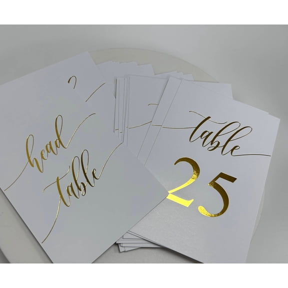 Gold Foil Wedding Reception Table Numbers 1-25 with Head Table Card, 4x6 inches, High-Quality Card Stock Double-sided Print