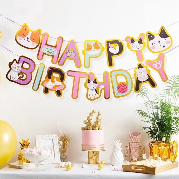 Gold Foiled Cat Birthday Banner - Elegant Decoration for Cat Lovers' Celebrations