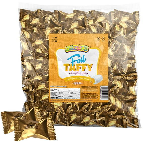 Gold Foils Chewy Filled Sweet MDA05and Sour Candy, 1-Pound Bag of Gold Color Themed Kosher Candies Individually Wrapped Passion Fruit-Flavored Taffies (NET WT 454g, About 112 Pieces)