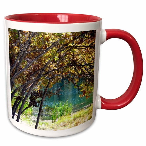3drose, Gold Foliage on a Tree Framing a Turquoise Colored Lake, 15oz Two-tone Red Mug