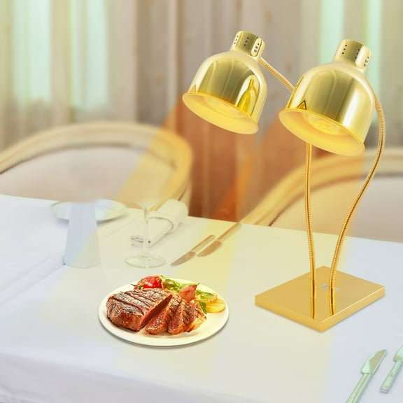 Gold Food Heat Lamp, 500W Commercial Food Warmer Lamp with Dual Heads & Flexible Arm, Electric Portable Infrared Heating Lamp with 360Adjustable Head for Restaurant Kitchen Buffet Table