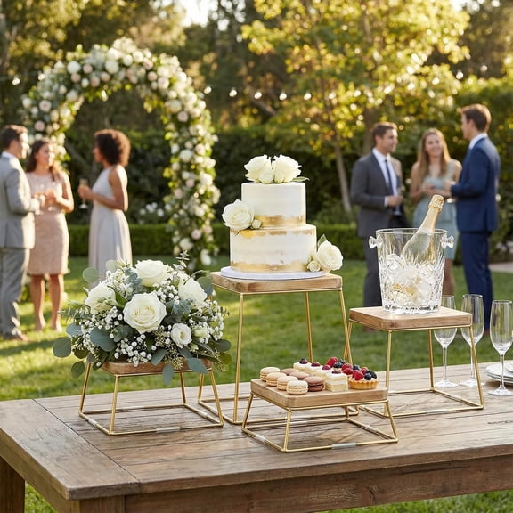 Gold Food Risers for Display Party, 4-Piece Wood Square Buffet Dessert Stands, Tiered Wooden Riser Set for Pizza, Cupcakes, Ornaments, Perfume or Retail Display