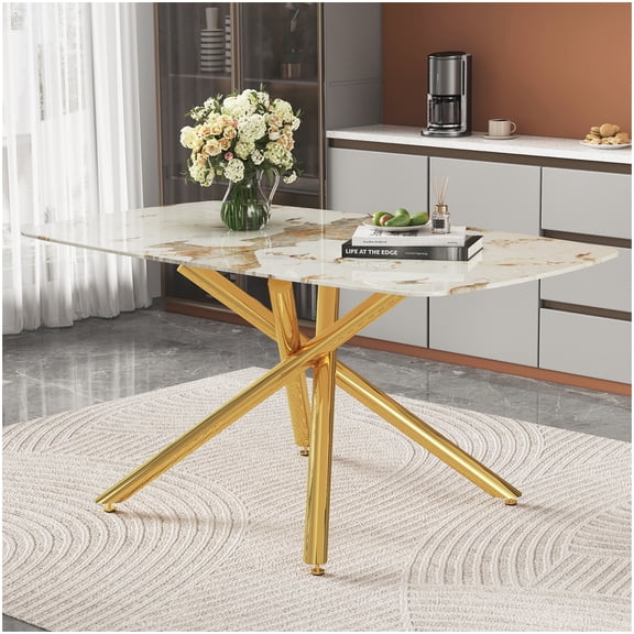 Gold Fork Leg Glass Dining Table - White Marble Finish Tempered Top for Contemporary Home