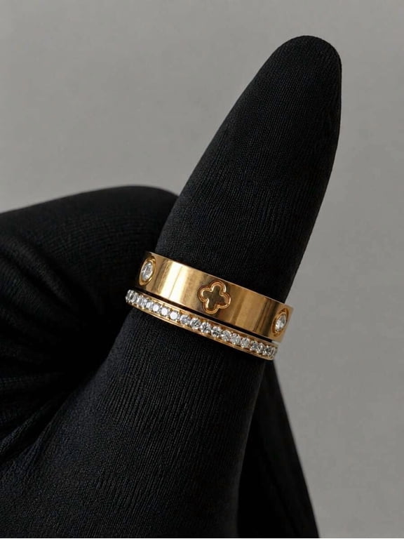 Gold Four-Leaf Clover Ring Set with Clear Stones