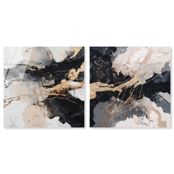 Gold Fracture Duet Acrylic Print Black Gold Wall Art Set by Art Remedy, Ready to Hang, 20 x 20