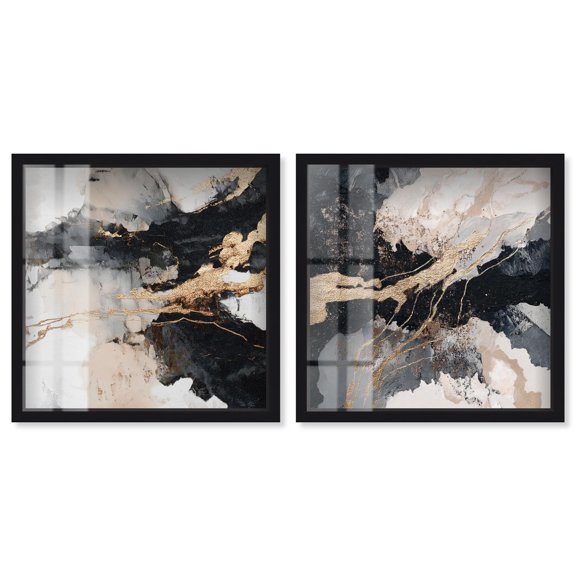 Gold Fracture Duet Shadowbox Print Black Gold Wall Art Set by Art Remedy, Black Frame, 20 x 20