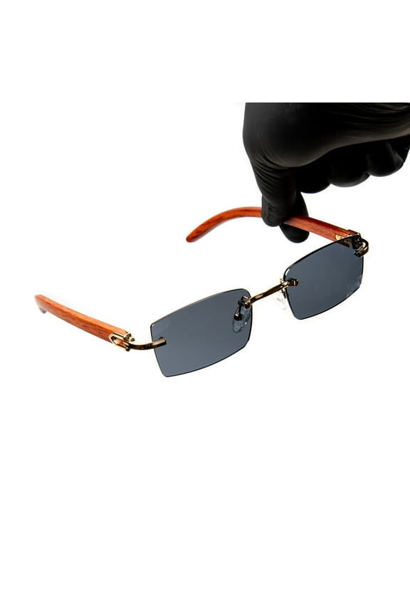 Gold Frame Rectangle Rimless Dark Gray Tint Sunglasses for Men Retro 90s Frameless Vintage Hip Hop Shades