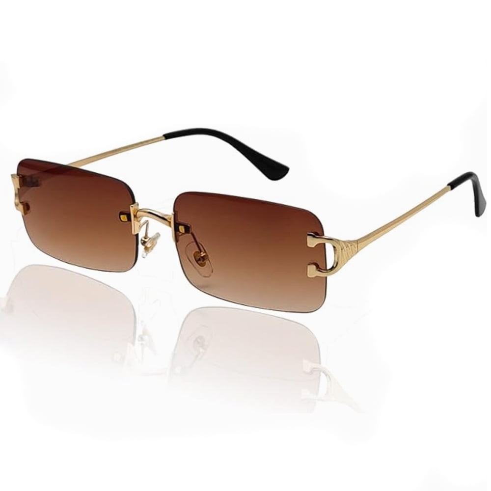 Gold Frame Rimless Sunglasses 90s Frameless Brown Tinted Lens Rectangle ...