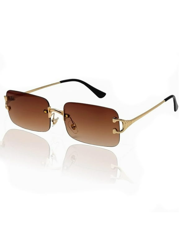Gold Frame Rimless Sunglasses 90s Frameless Brown Tinted Lens Rectangle Glasses For Men And Women