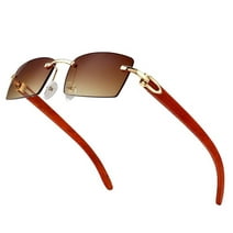 Gold Frame Woodgrain Rimless Rectangle Men Women's Brown Tint Hip Hop Sunglasses
