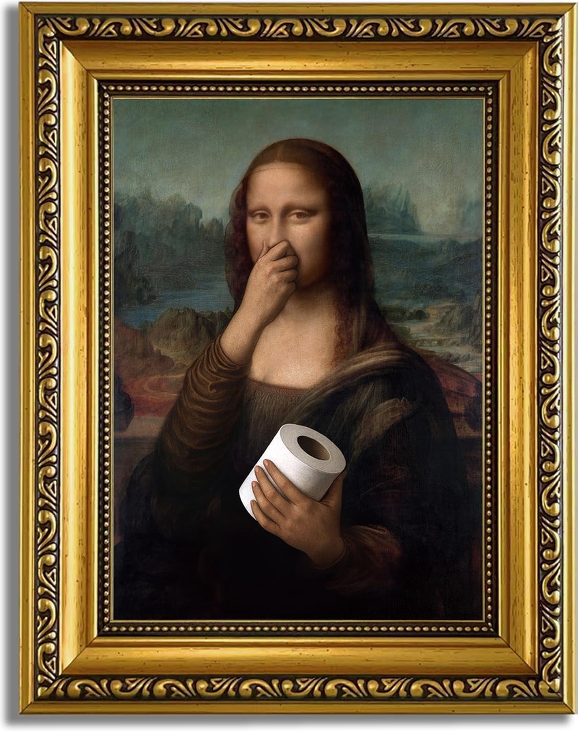 Gold Framed Bathroom Wall Art Mona Lisa Humor Amusing Toilet Art ...