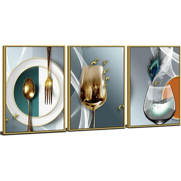 Gold Framed Dining Room Wall Art Wine Glass Pictures for Kitchen Wall Decor Teal Abstract Geometric Kitchenware Canvas Paintings Goblet Cups Posters Modern Bar Artwork Home Decorations 12x16 3Pcs