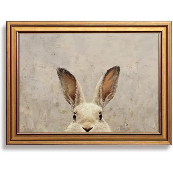 Gold Framed Easter Bunny Wall Art, Funny Rabbit Picture Wall Decor, Easter Decorations Home Decor, Cute Animal Oil Painting Canvas Prints, Vintage Artwork for Gifts Party Kids Room 8x10 inch