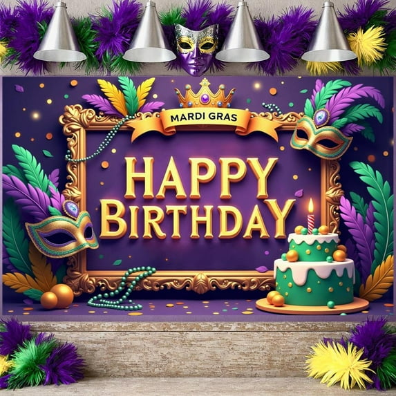 Gold Framed Mardi Gras Banner Purple Background Backdrop Colorful Feathers Masquerade Mask Carnival Display for Birthday Celebration Mardi Gras Party Indoor Decoration