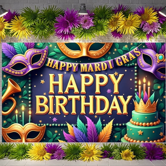 Gold Framed Mardi Gras Banner Purple Background Backdrop Colorful Feathers Masquerade Mask Carnival Display for Birthday Celebration Mardi Gras Party Indoor Decoration