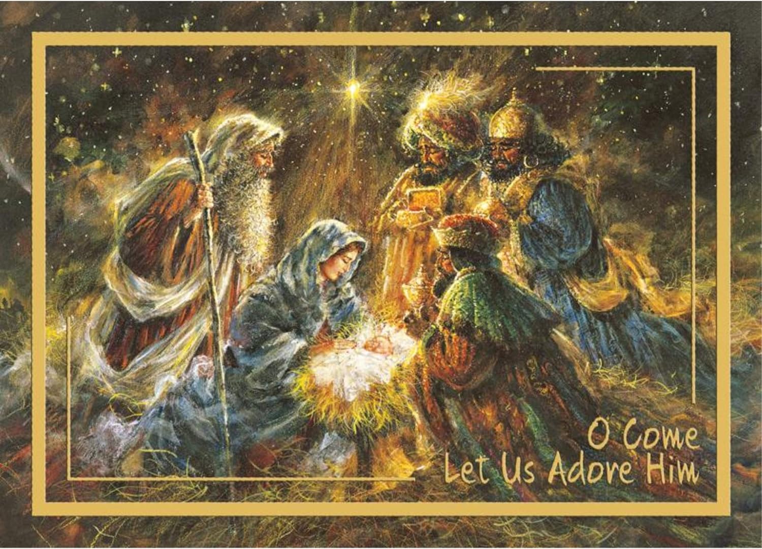 Gold Framed Nativity Scene Box Of 14 Religious Christmas Cards