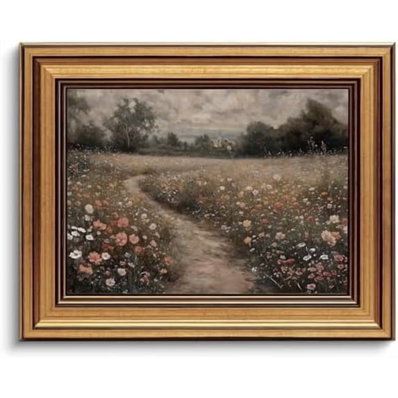 Gold Framed Wall Art Vintage Canvas Wall Art Flowers Path Wildflower Floral Artwork Prints Picture for Living Room Bedroom Farmhouse Bathroom Office Decor, 8x10
