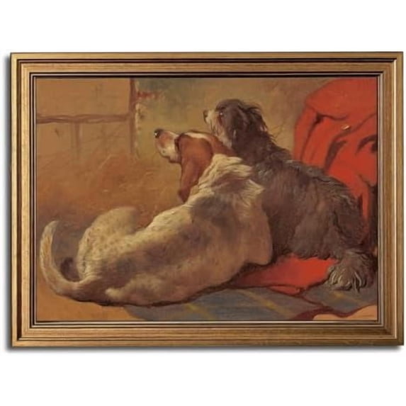 Gold Framed Wall Art Vintage Canvas Wall Art Hound and Bearded Collie Seated on a Hunting Coat Artwork Prints Picture for Living Room Bedroom Farmhouse Bathroom Office Decor, 16x24
