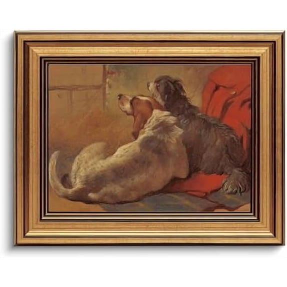 Gold Framed Wall Art Vintage Canvas Wall Art Hound and Bearded Collie Seated on a Hunting Coat Artwork Prints Picture for Living Room Bedroom Farmhouse Bathroom Office Decor, 8x10