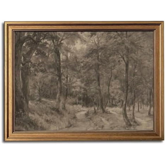 Gold Framed Wall Art Vintage Canvas Wall Art Nature Charcoal Landscape Path Forest Artwork Prints Picture for Living Room Bedroom Farmhouse Bathroom Office Decor, 12x16
