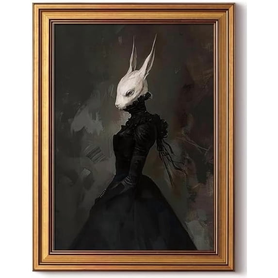 Gold Framed Wall Art Vintage Canvas Wall Art Rabbit Lady Aesthetic Dark Academia Easter Bunny Artwork Prints Picture for Living Room Bedroom Farmhouse Bathroom Office Decor, 16x24