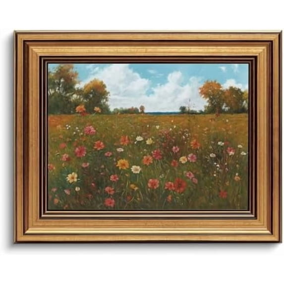 Gold Framed Wall Art Vintage Floral Canvas Wall Art Floral Countryside Blooming Wildflowers Artwork Prints Picture for Living Room Bedroom Farmhouse Bathroom Office Decor, 8x10