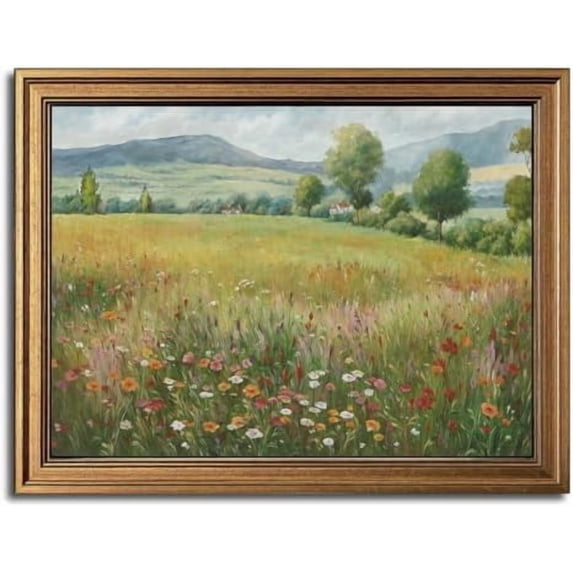 Gold Framed Wall Art Vintage Flower Canvas Wall Art Floral Countryside Landscape Wildflower Artwork Prints Picture for Living Room Bedroom Farmhouse Bathroom Office Decor, 16x24