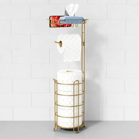 Gold Free Standing Toilet Paper Holder Stand with Phone Shelf, Floor Bathroom Tissue Holder for Large Mega Rolls, Metal Freestanding Toilet Paper Roll Holder with Wipes Storage Tray
