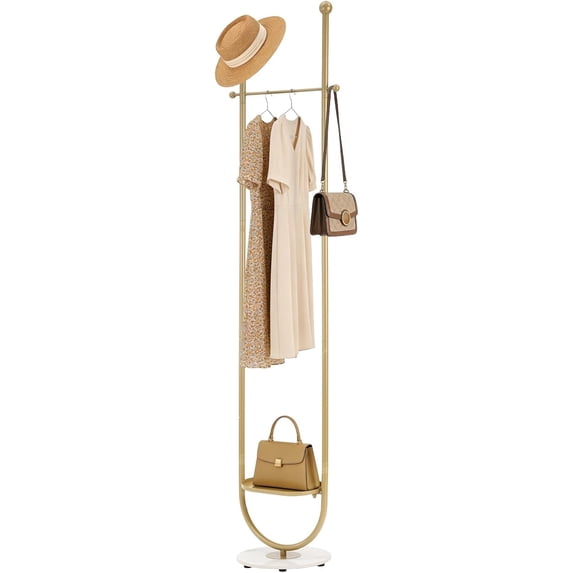 Gold Freestanding Coat Rack with Marble Base, Modern Metal Clothes Stand with Built-In Storage Tray, Slim Garment Rack for Entryway Bedroom Hallway