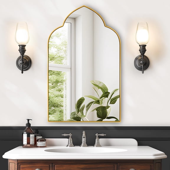 Gold-French Style Arched Wall-Mounted Bathroom Mirror With Adjustable Shelf Modern Rustic Decor