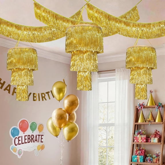 Gold Fringe Tinsel Chandelier - 3 Pcs Tier Foil Ceiling Pack Banner Shimmering for 1920s Disco Birthday Bachelorette Wedding Party Decorations