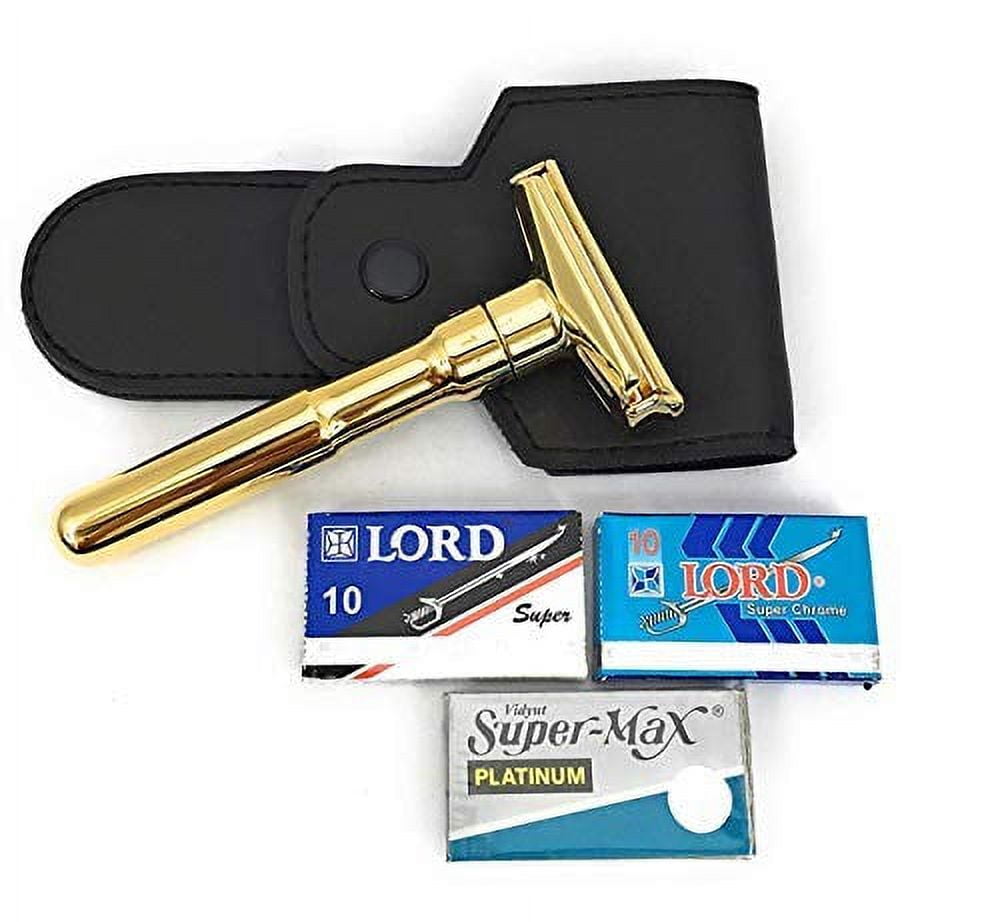Gold Futur Double Edge Safety Razor with GBS leather case, and 25 blades! Compliments any Wet Shaving and Beard tools - Made in Solingen Germany