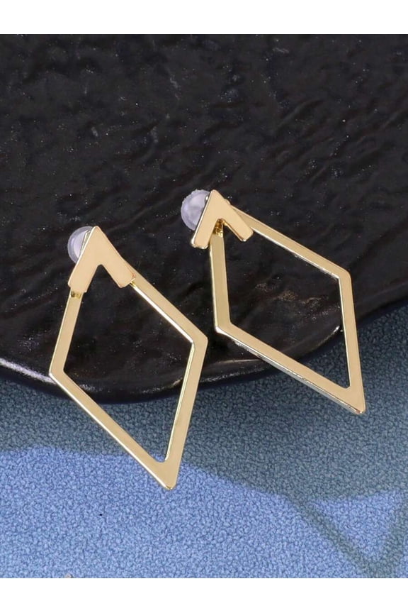Gold Geometric Arrow Stud Earrings For Women, Metal Frame Design, 1 Pair