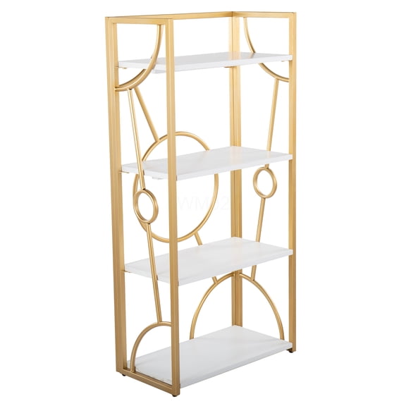 Gold Geometric Bookcase, Modern White Wood & Metal Shelving Unit for Home Office Decor