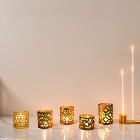 Gold Geometric Hollow Out Iron Candle Holder - Creative Metal Scented Candlestick Ornament, Modern Minimalist Candle Stand for Home Living Room Table, Holiday Candle Decor Supplies, 2.36*2.49in