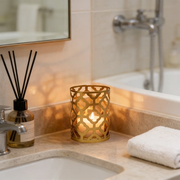 Gold Geometric Iron Candlestick Holder | Openwork Decorative Accent | Gold Tone Metal Candle Holder | Modern Home Decor Ornament | Assorted Sizes | Lightweight, Sturdy, Cozy Ambiance for Table